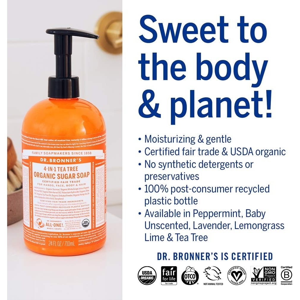 Dr. Bronner's Organic Sugar Soap 4-in-1 Tea Tree (pump) 710ml - Cutprice Online