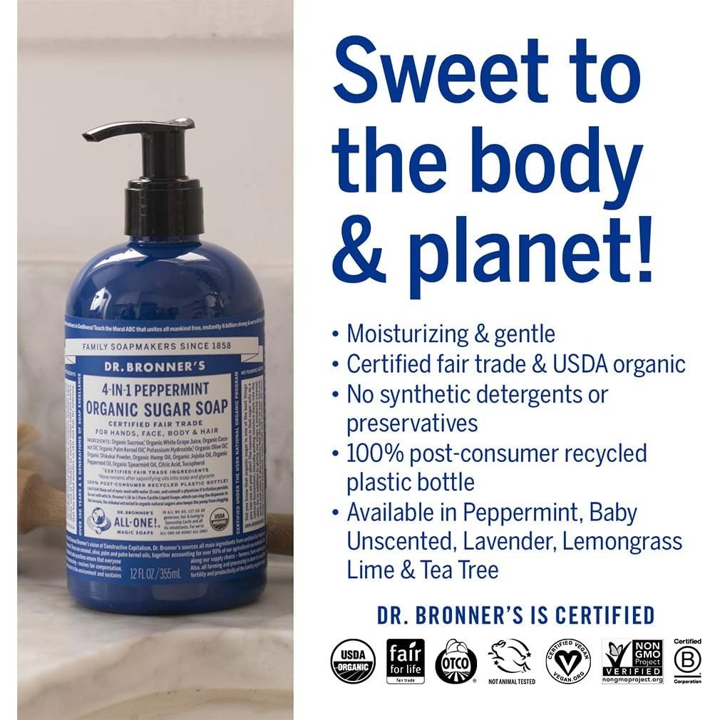 Dr. Bronner's Organic Sugar Soap 4-in-1 Peppermint (pump) 355ml - Cutprice Online
