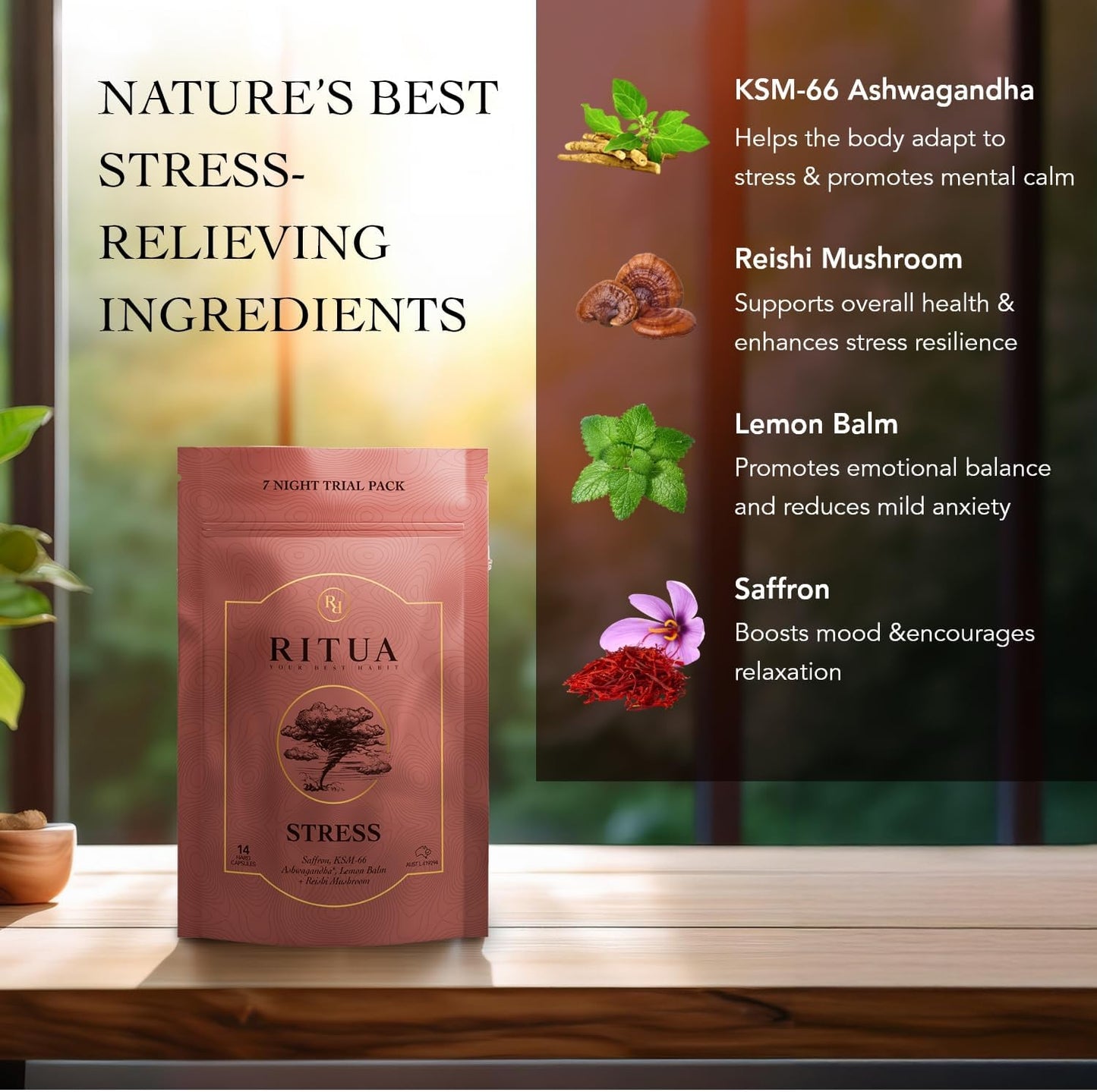 Ritua Stress 7 Day Saffron Ashwagandha Lemonbalm Reishi 14 Caps - Cutprice Online
