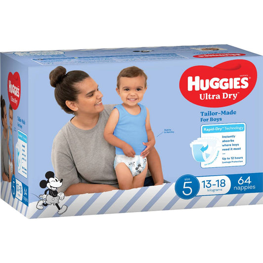 Huggies Ultra Dry Nappies Boys Size 5 (13-18kg) 64 Pack - Cutprice Online