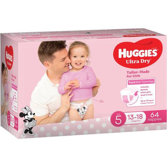 Huggies Ultra Dry Nappies Girls Size 5 (13-18kg) 64 Pack - Cutprice Online