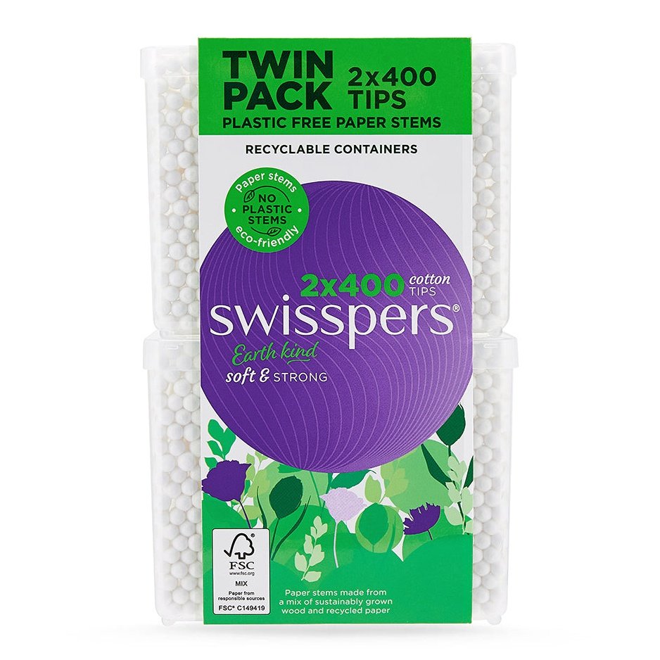 Swisspers Earth Kind Cotton Tips With Paper Stems Twin Pack 2x400 Pack - Cutprice Online