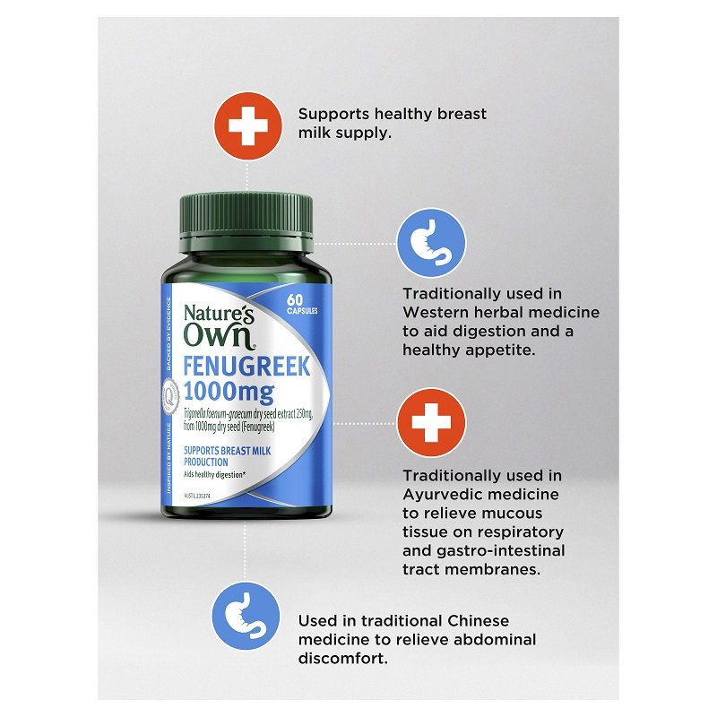 Nature's Own Fenugreek 1000mg for Breast Milk Production Support 60 Capsules - Cutprice Online