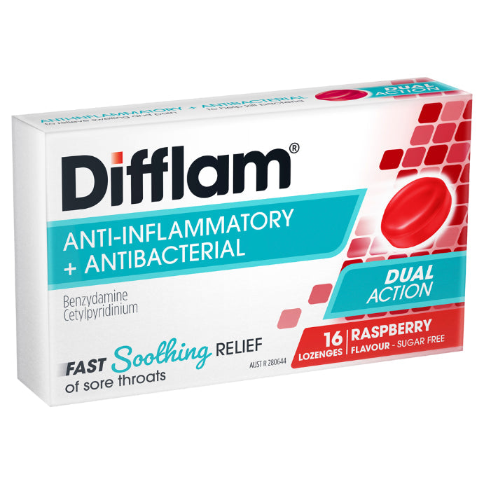 Difflam Sore Throat Lozenges Raspberry Flavour 16 Lozenges - Cutprice Online