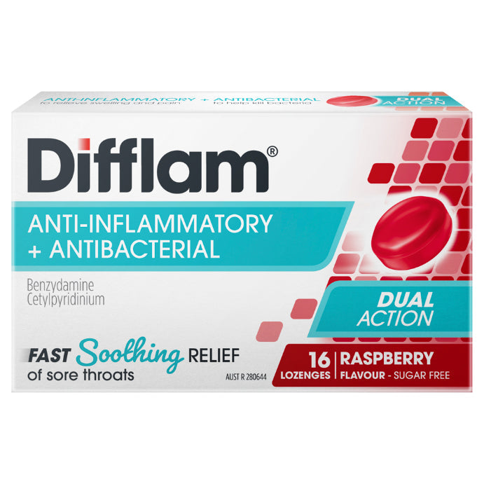 Difflam Sore Throat Lozenges Raspberry Flavour 16 Lozenges - Cutprice Online