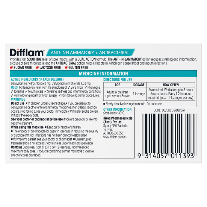 Difflam Sore Throat Lozenges Raspberry Flavour 16 Lozenges - Cutprice Online