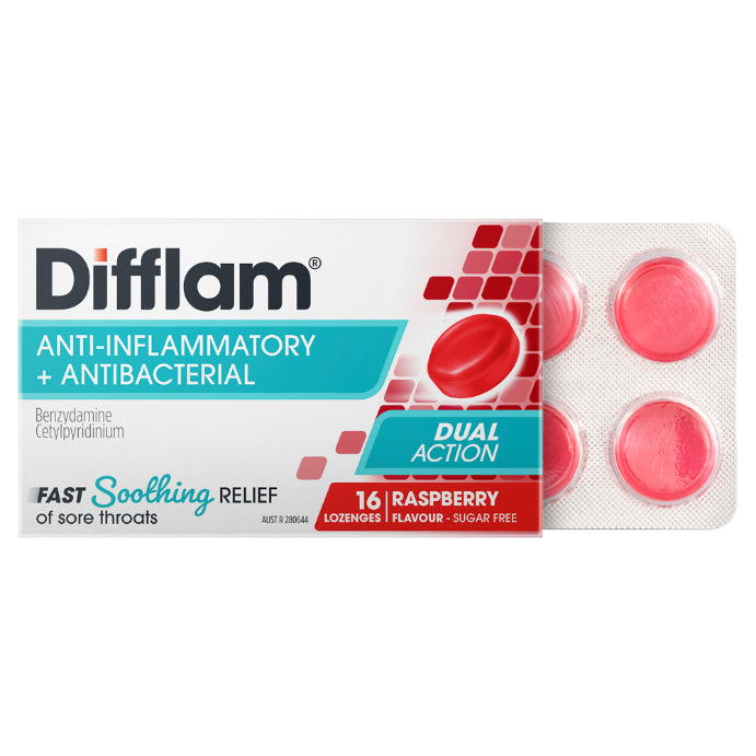 Difflam Sore Throat Lozenges Raspberry Flavour 16 Lozenges - Cutprice Online
