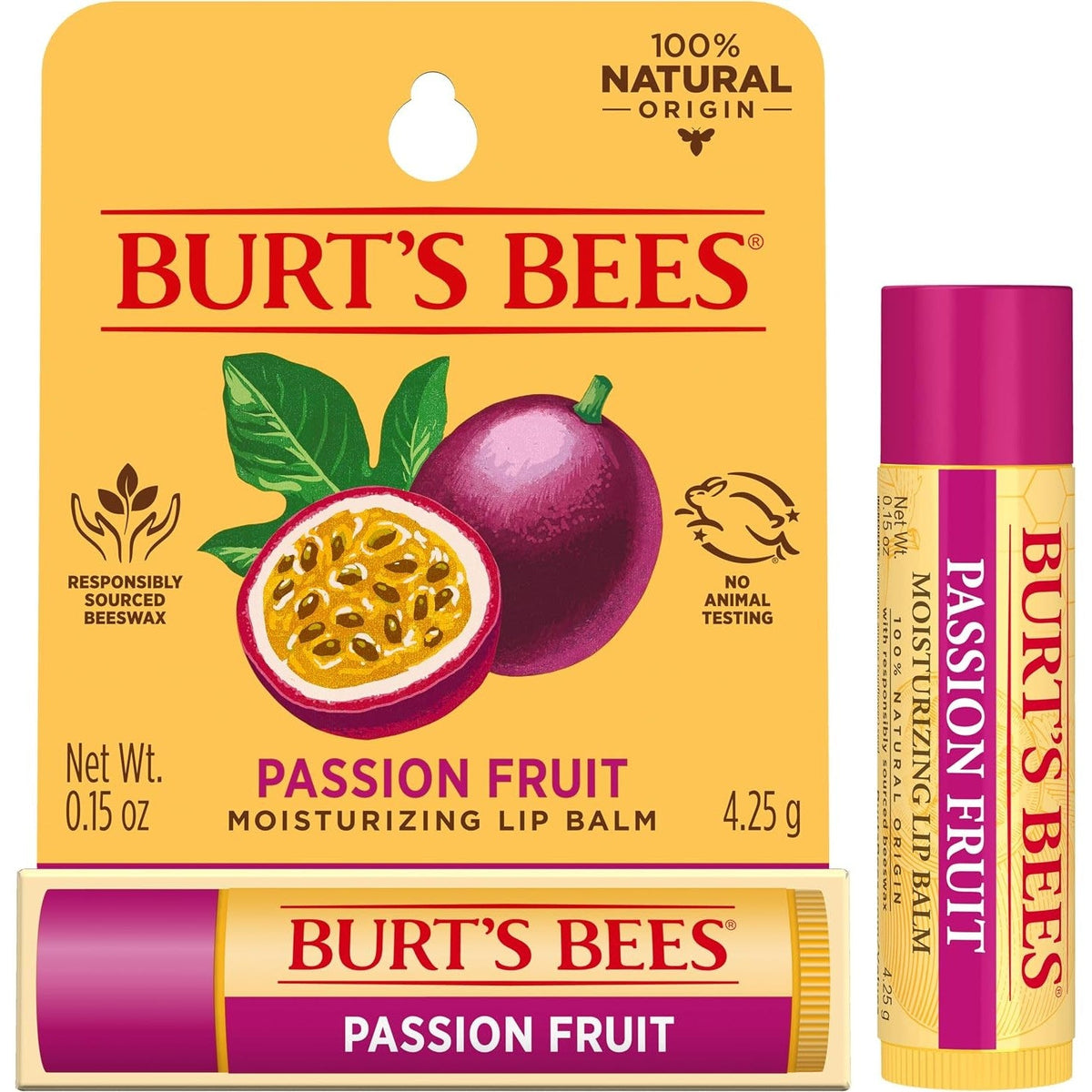 Burt's Bees 100% Natural Origin Moisturising Lip Balm, Passionfruit with Beeswax and Fruit Extracts, 1 Tube, 4.25g