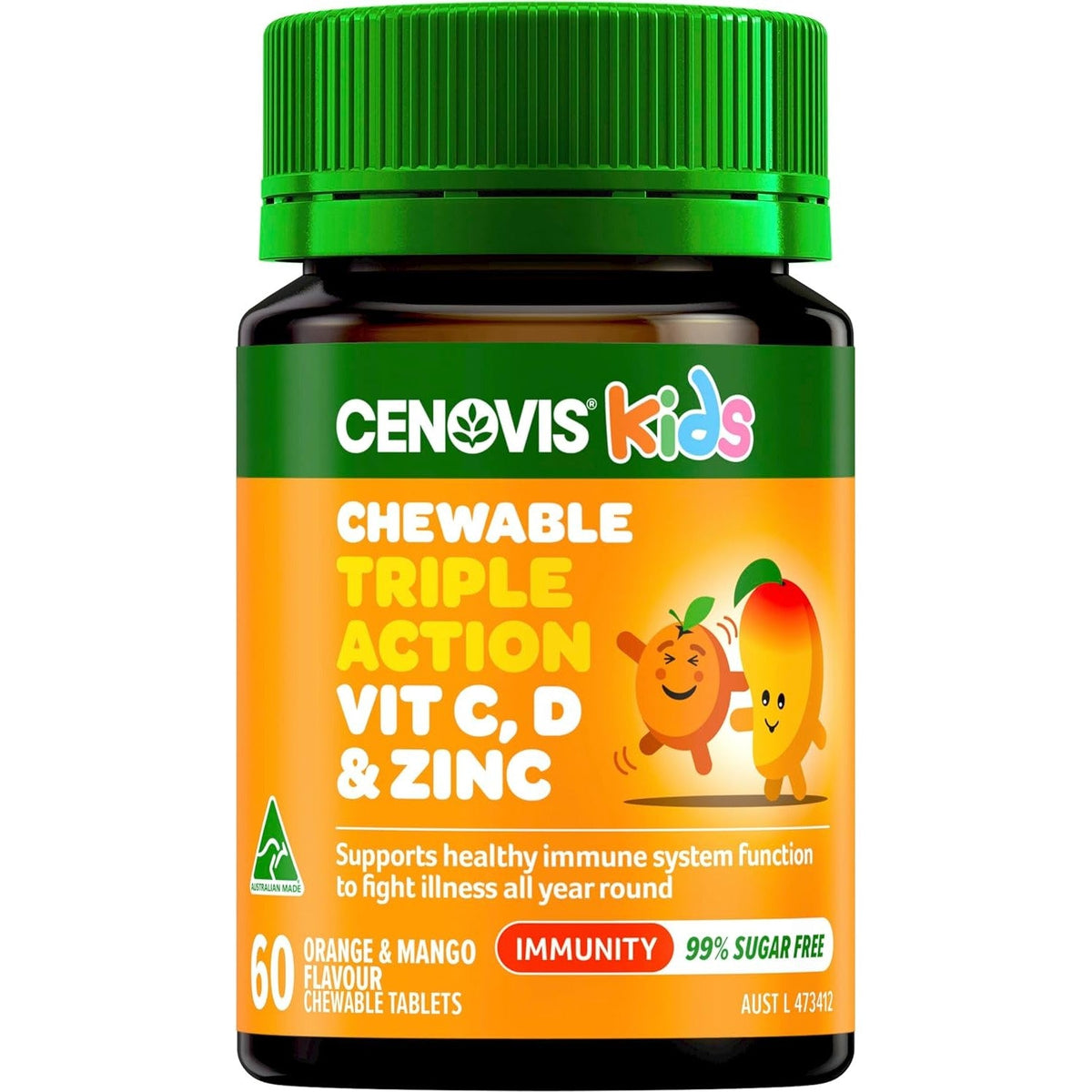 Cenovis Kids Chewable Triple Action Vit C, D & Zinc Orange & Mango Flavour 60 Tablets