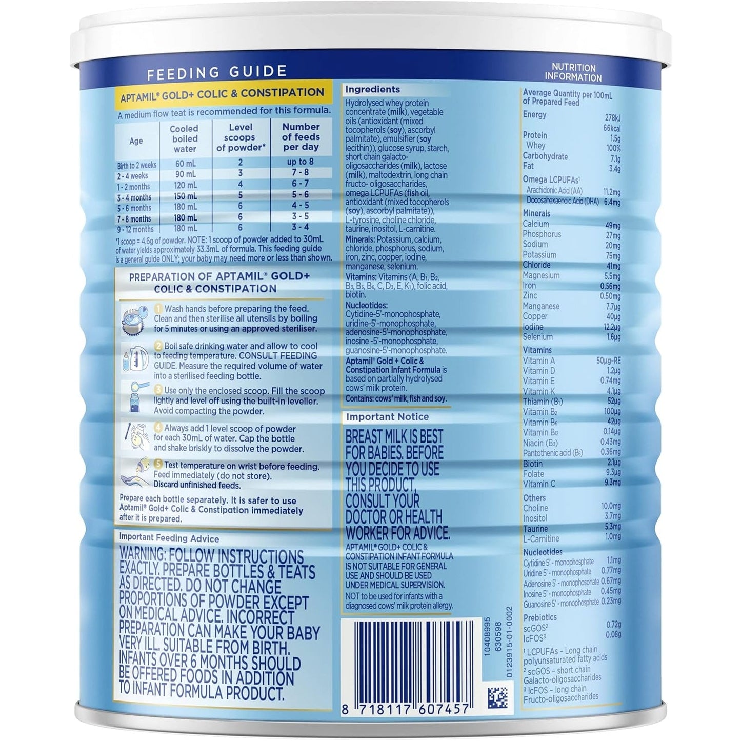 Aptamil Gold+ Colic & Constipation Baby Infant Formula From Birth to 12 Months 900g