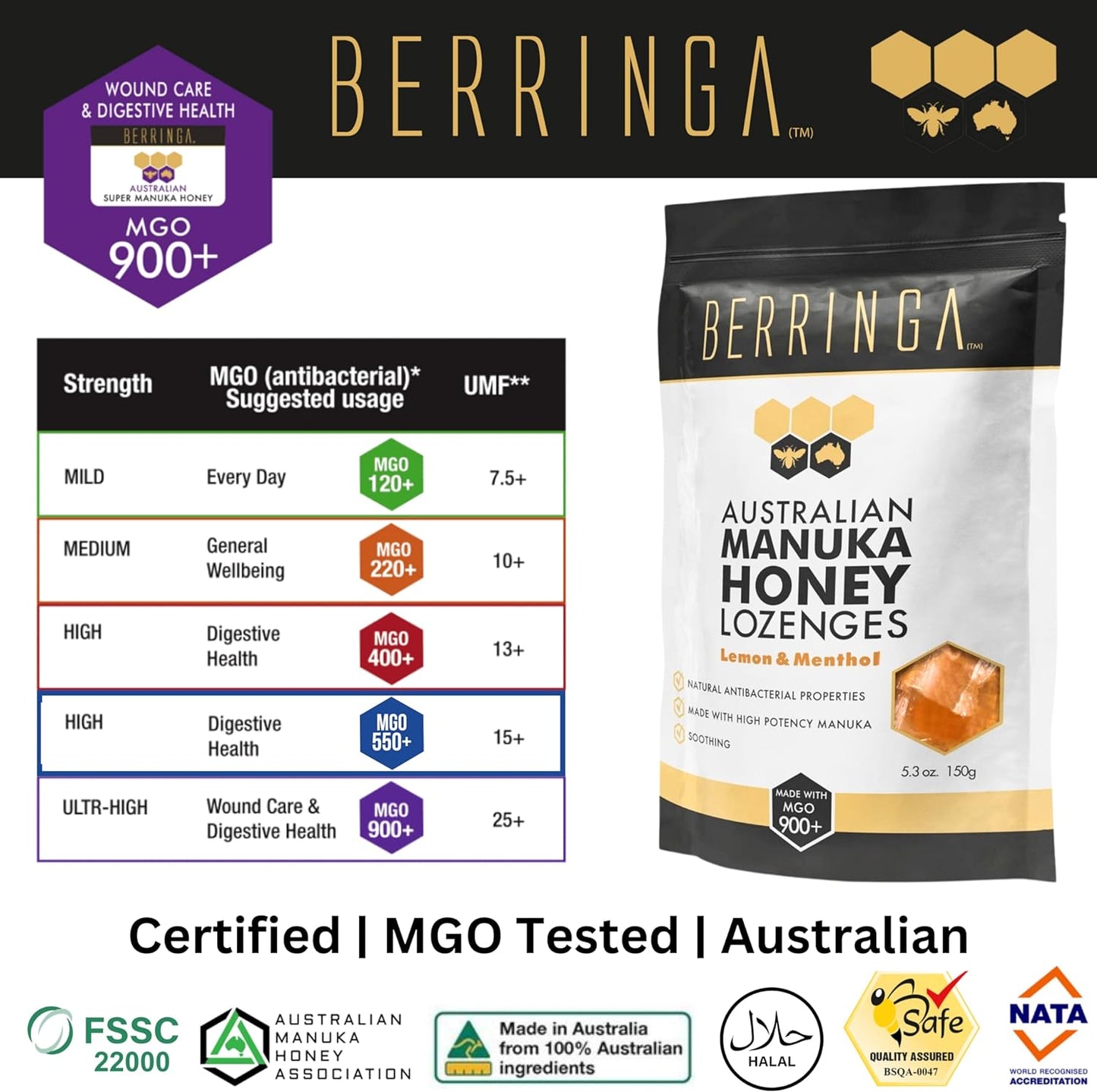 Berringa Australian Manuka Honey Lozenges Lemon & Menthol (Made With MGO 900+) X 30 Pack (150g) - Cutprice Online
