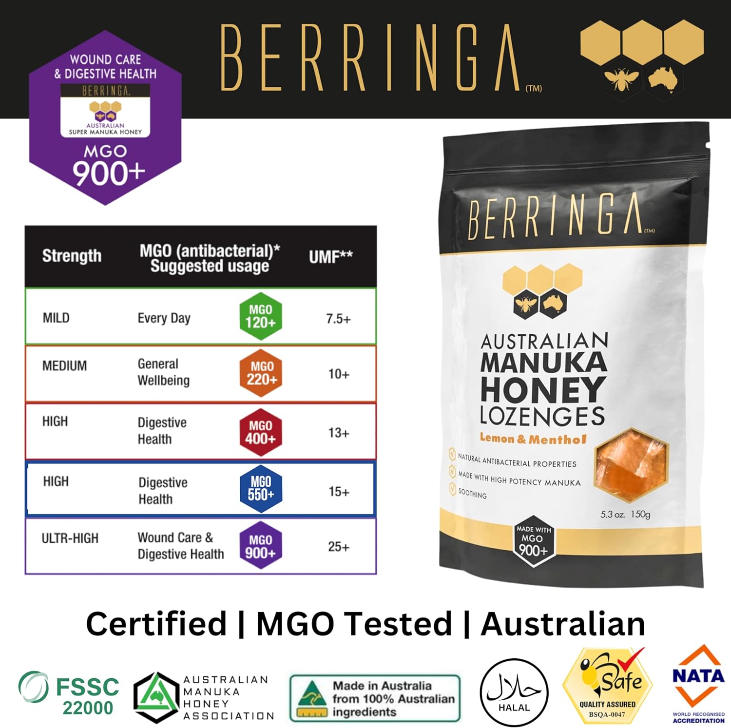 Berringa Australian Manuka Honey Lozenges Lemon & Menthol (Made With MGO 900+) X 30 Pack (150g) - Cutprice Online