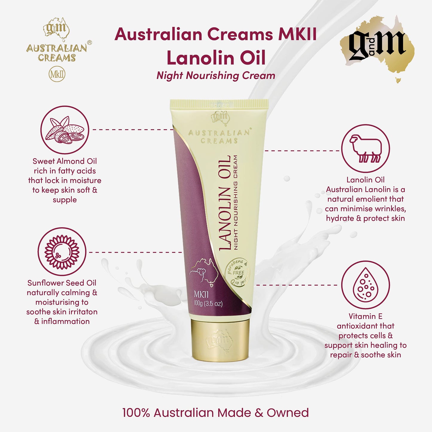 Australian Creams MkII Lanolin Oil Night Nourishing Cream With Vitamin E 100g Australian Creams MkII