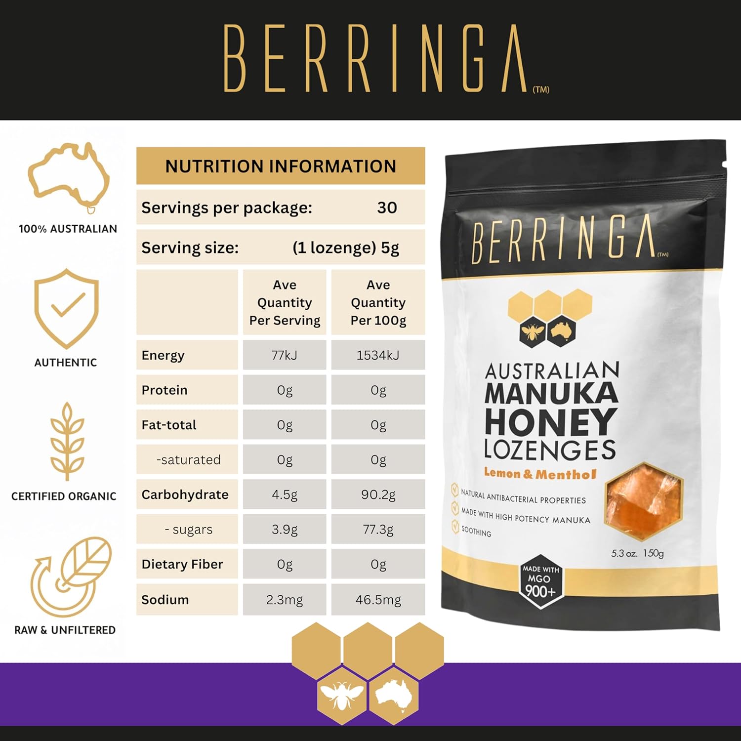 Berringa Australian Manuka Honey Lozenges Lemon & Menthol (Made With MGO 900+) X 30 Pack (150g) - Cutprice Online