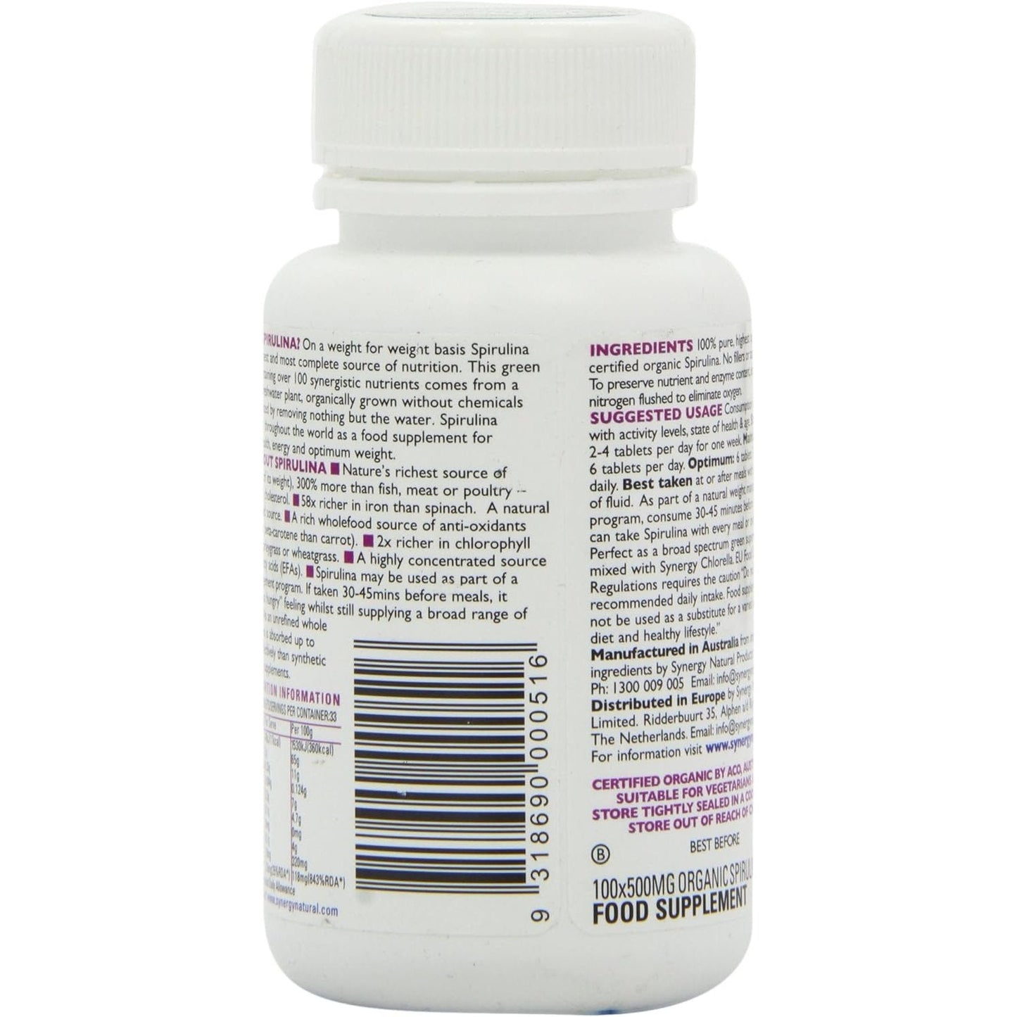 Synergy Natural Organic Spirulina 500mg 100t - Cutprice Online