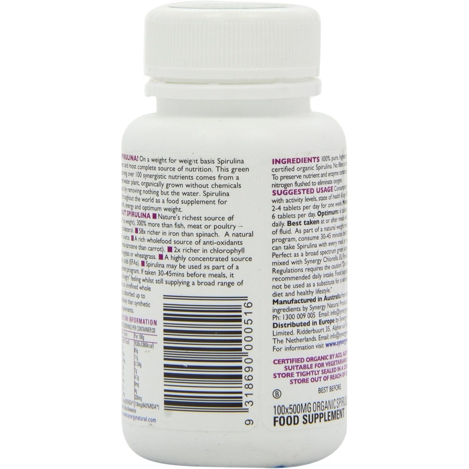 Synergy Natural Organic Spirulina 500mg 100t - Cutprice Online