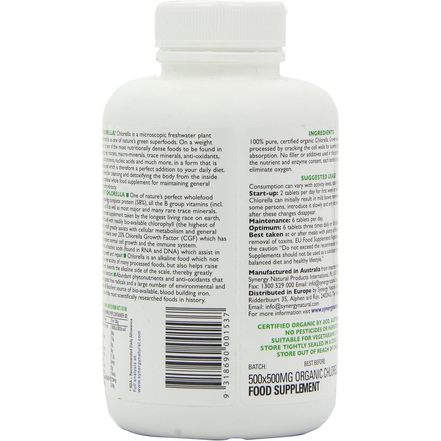 Synergy Natural Organic Chlorella 500mg 500t - Cutprice Online