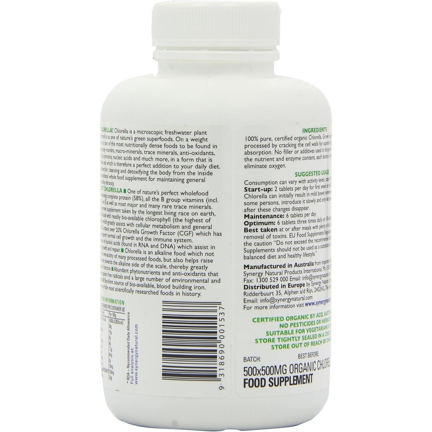 Synergy Natural Organic Chlorella 500mg 500t - Cutprice Online