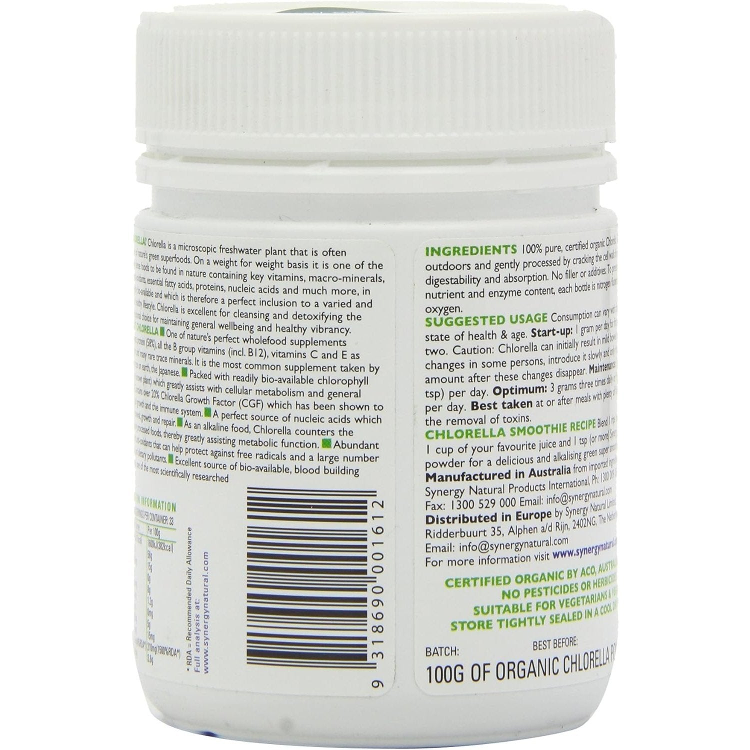 Synergy Natural Organic Chlorella Powder 100g - Cutprice Online