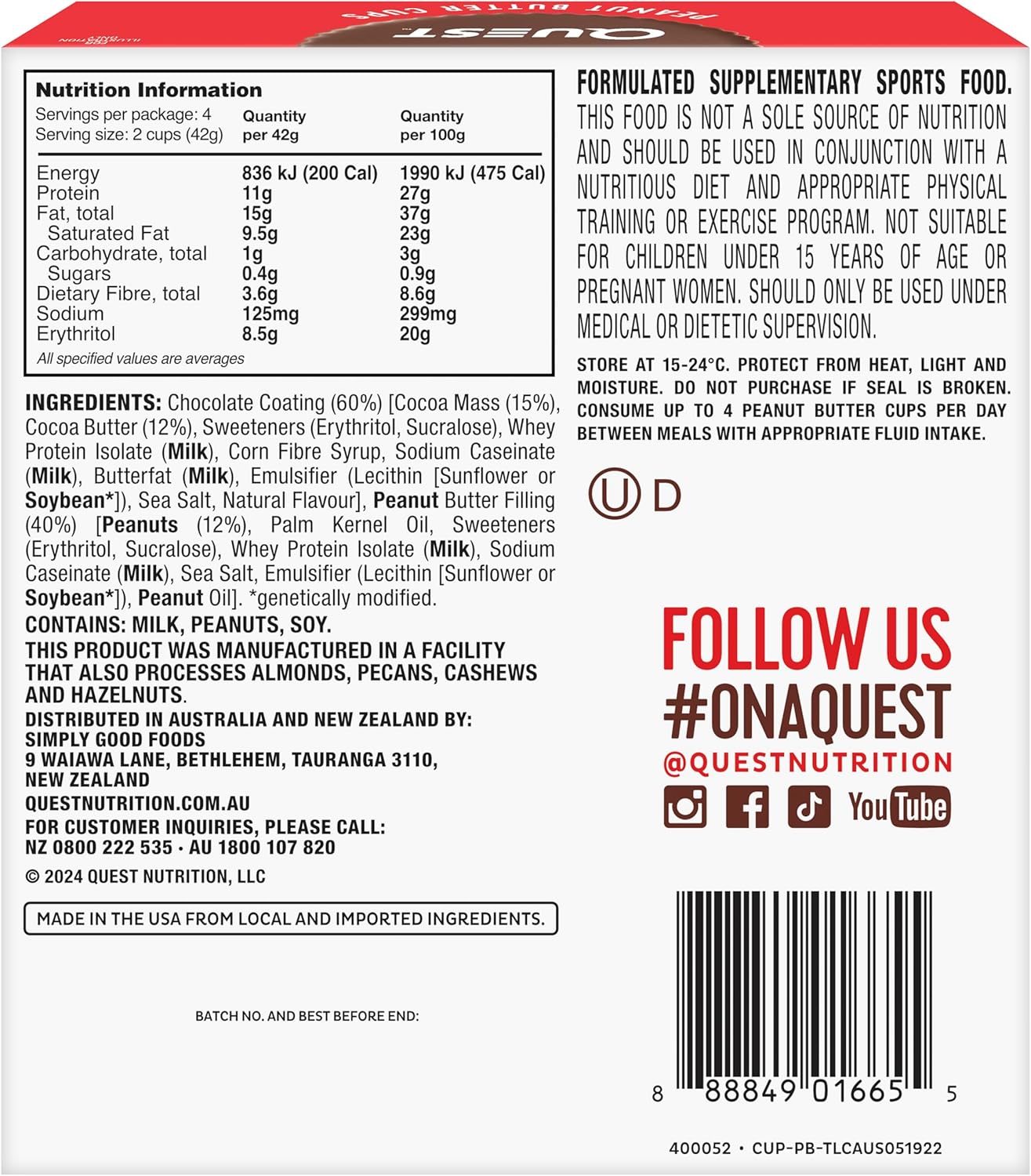 Quest Peanut Butter Cups 4 pack