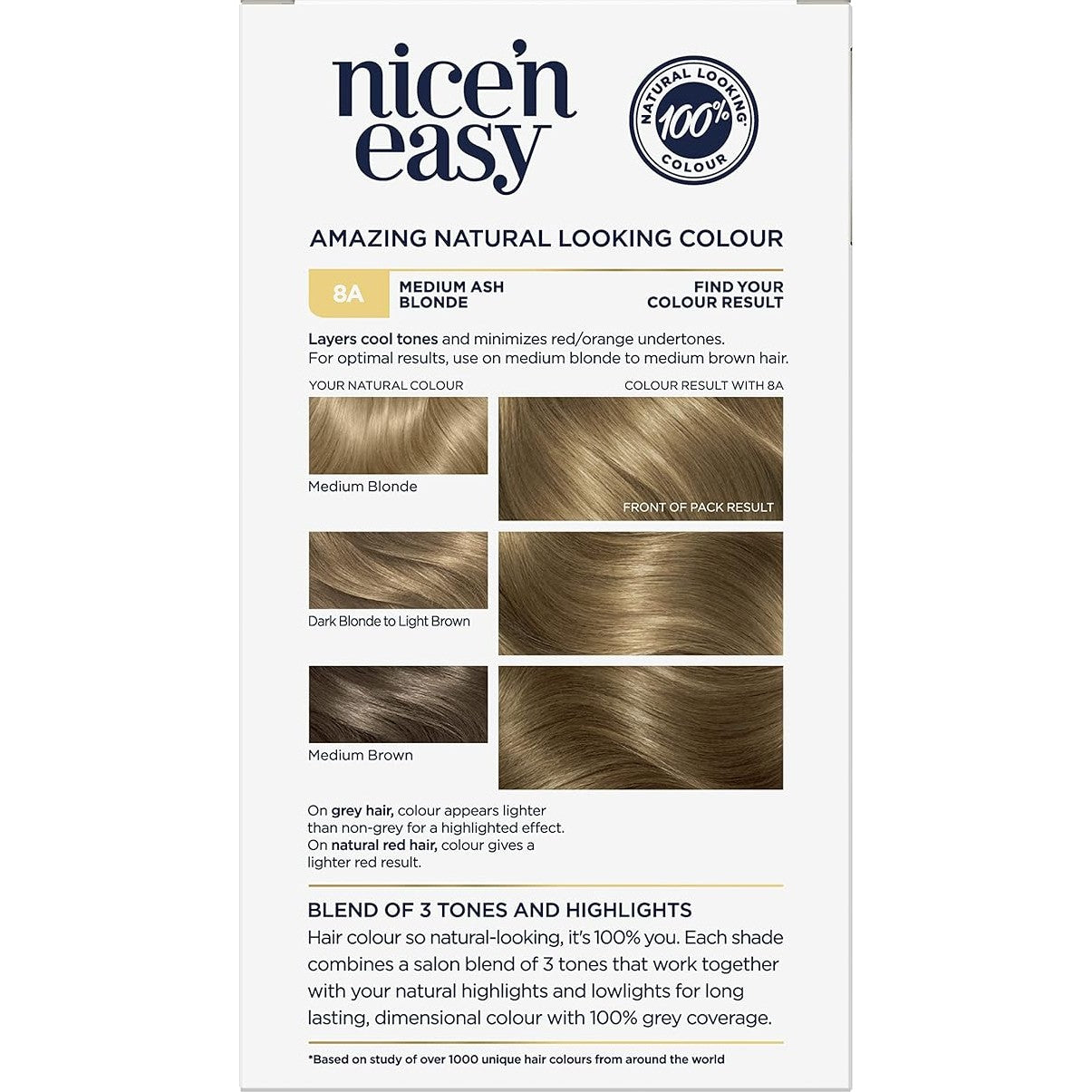 Clairol Nice 'N Easy 8A Natural Medium Ash Blonde Permanent Hair Colour 1 Pack - Cutprice Online