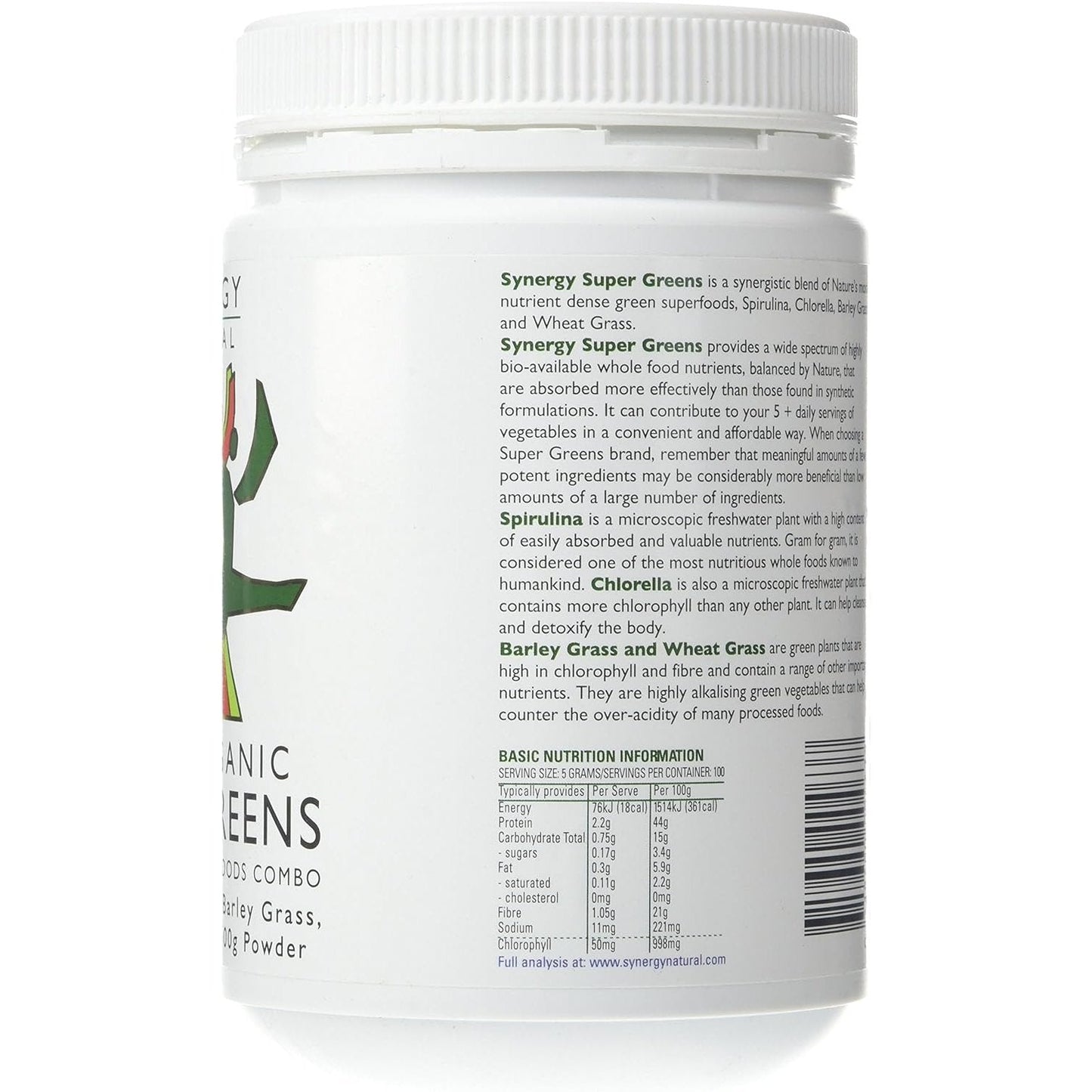 Synergy Natural Organic Super Greens (Spirulina, Chlorella, Barley Grass & Wheat Grass) Powder 500g - Cutprice Online
