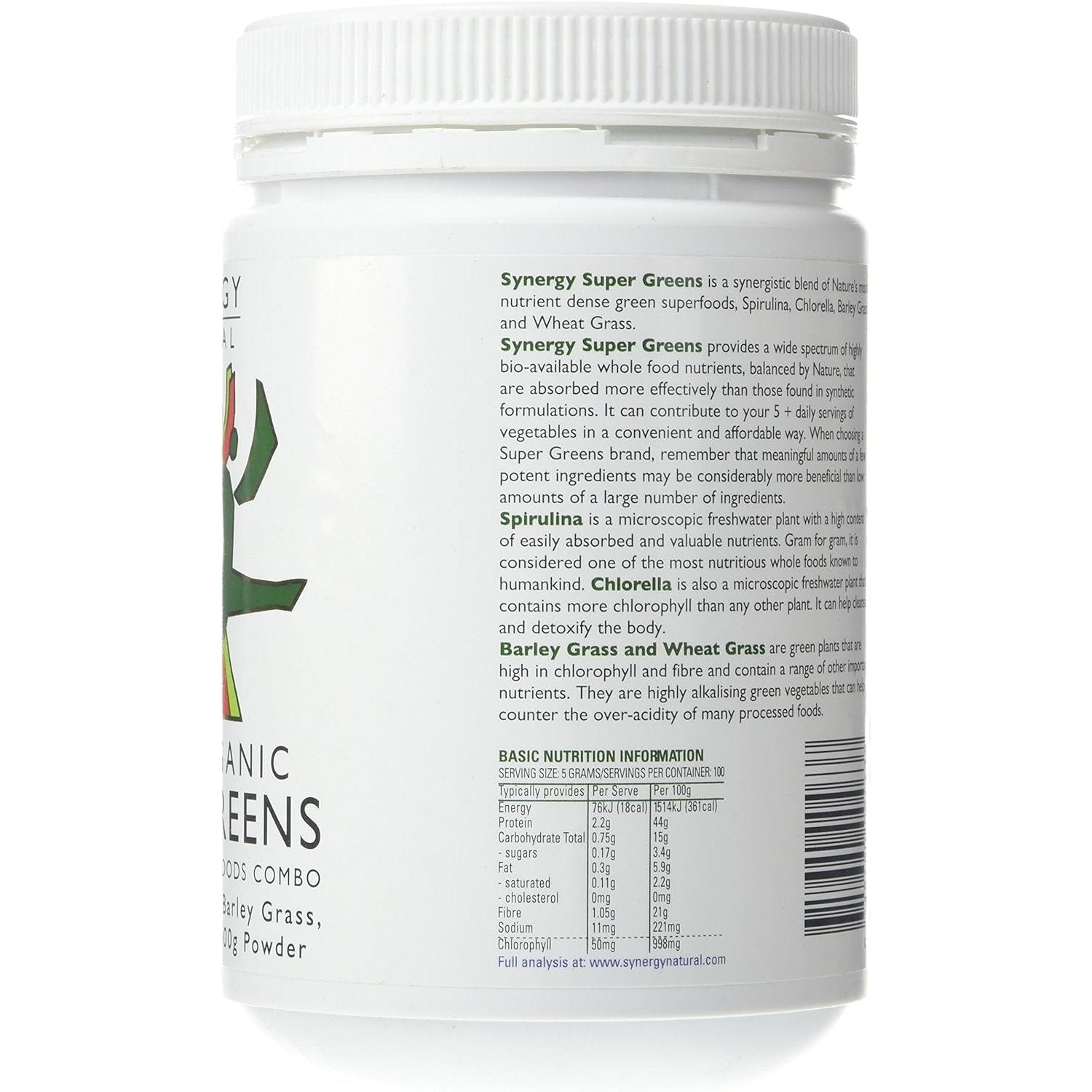 Synergy Natural Organic Super Greens (Spirulina, Chlorella, Barley Grass & Wheat Grass) Powder 500g - Cutprice Online