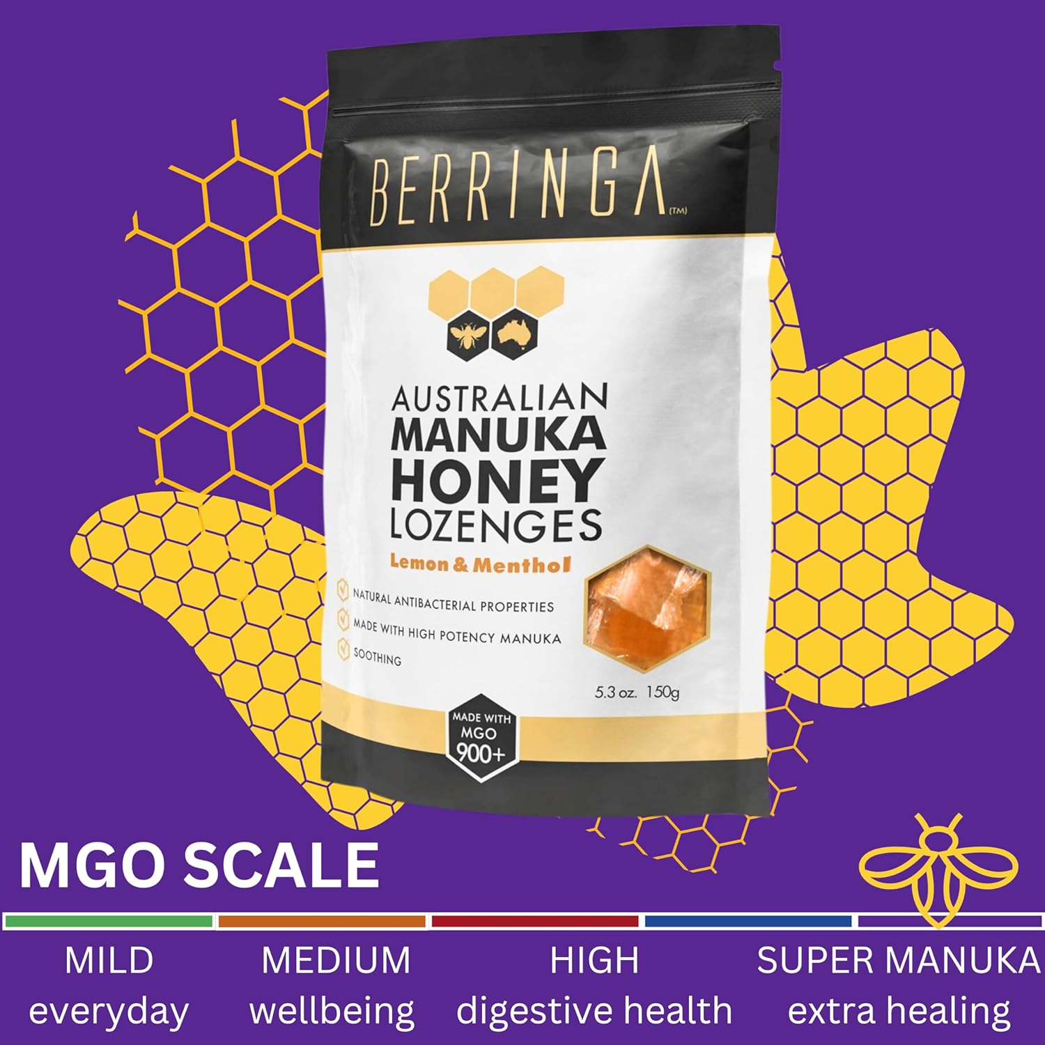Berringa Australian Manuka Honey Lozenges Lemon & Menthol (Made With MGO 900+) X 30 Pack (150g) - Cutprice Online