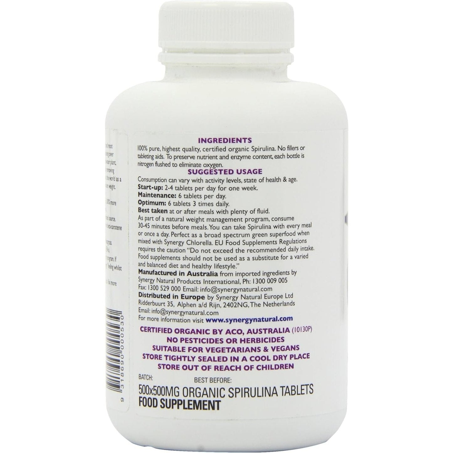 Synergy Natural Organic Spirulina 500mg 500t - Cutprice Online