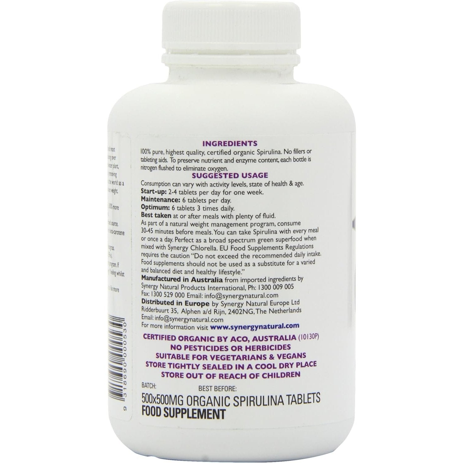 Synergy Natural Organic Spirulina 500mg 500t - Cutprice Online