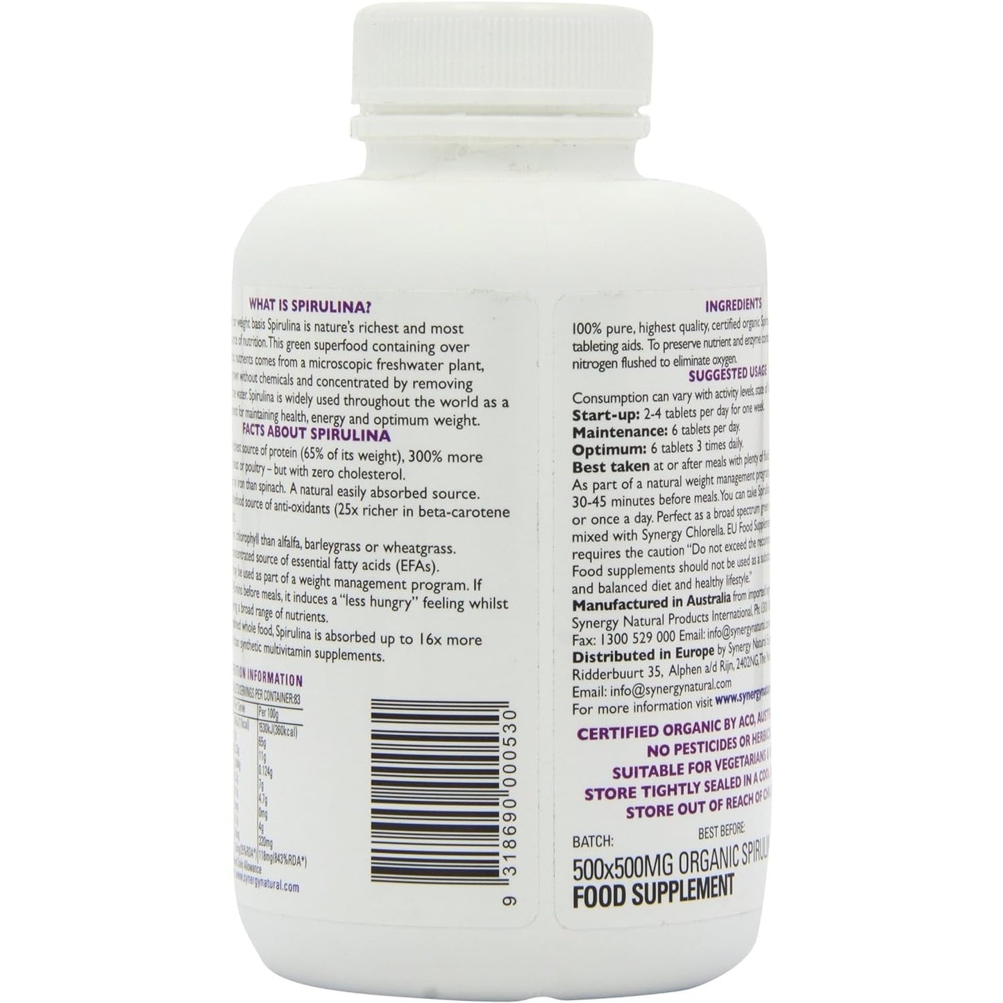 Synergy Natural Organic Spirulina 500mg 500t - Cutprice Online