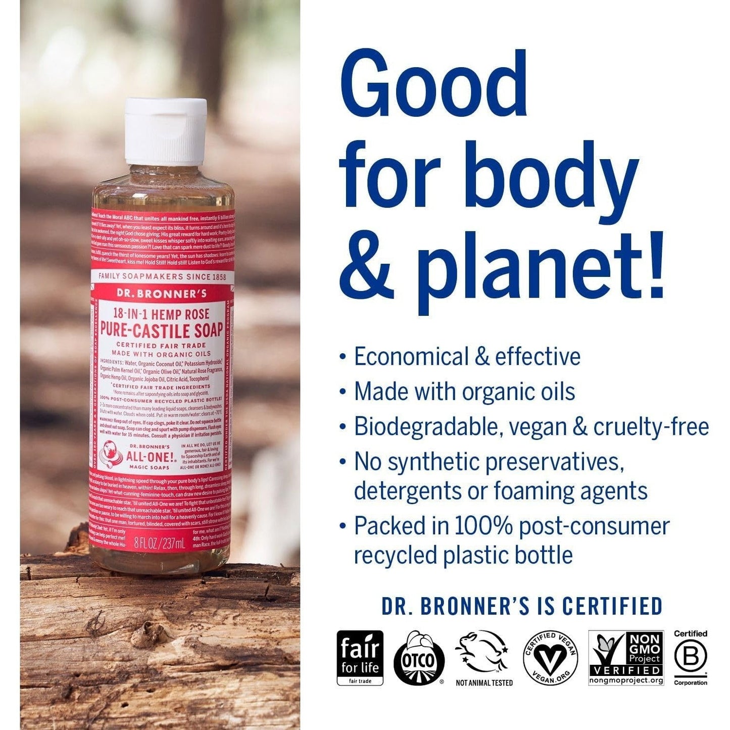 Dr. Bronner's Pure-Castile Soap Liquid (Hemp 18-in-1) Rose 237ml - Cutprice Online