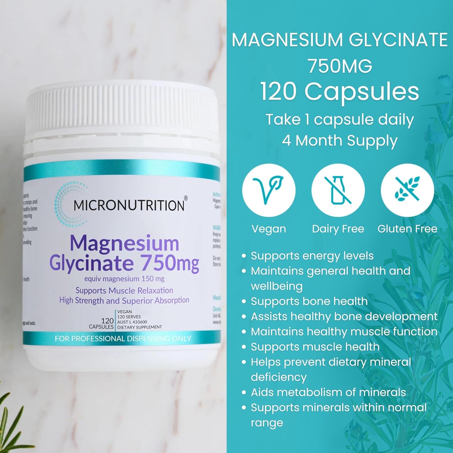 Micronutrition Magnesium Glycinate 750mg 120c - Cutprice Online