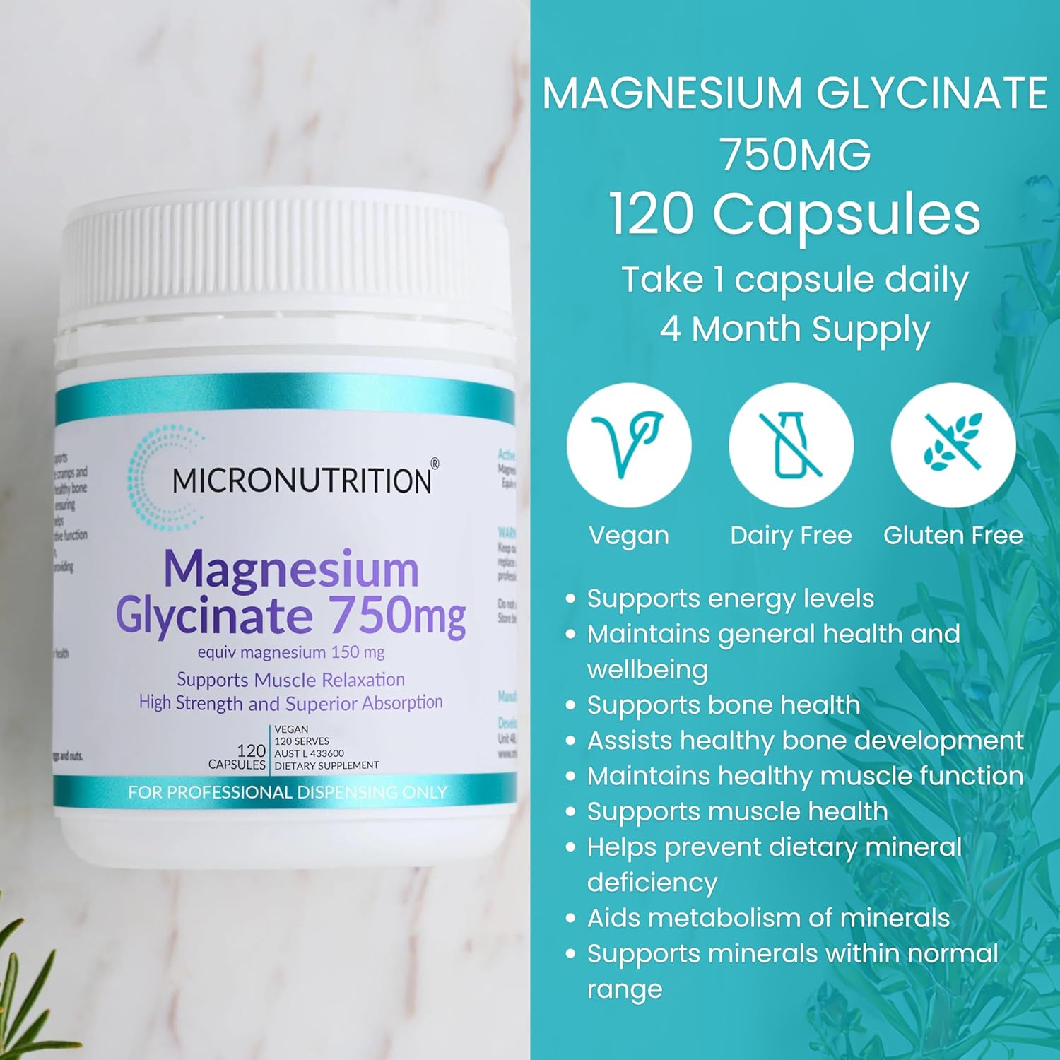 Micronutrition Magnesium Glycinate 750mg 120c - Cutprice Online