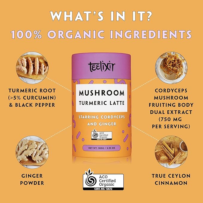Teelixir Organic Mushroom Turmeric Latte (Starring Cordyceps and Ginger) 100g - Cutprice Online
