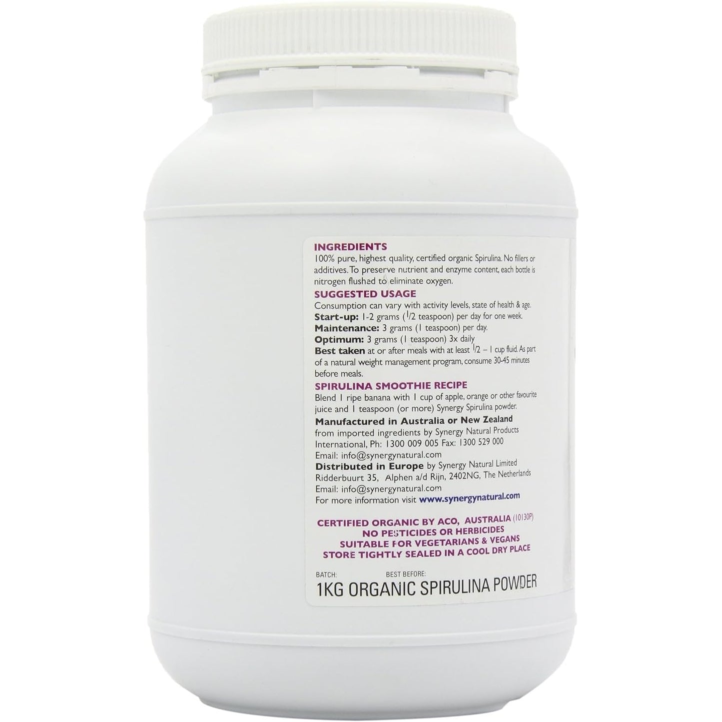 Synergy Natural Organic Spirulina Powder 1kg - Cutprice Online