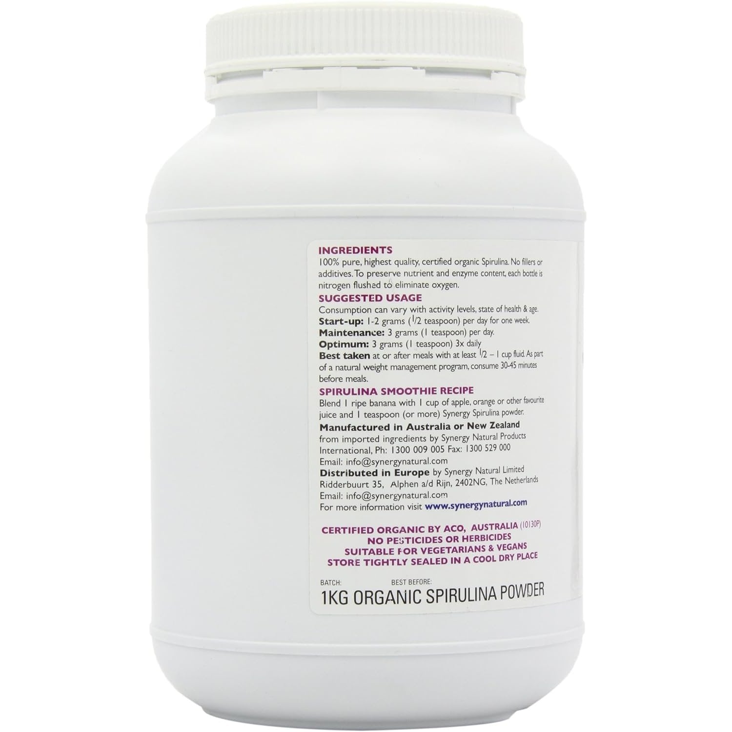 Synergy Natural Organic Spirulina Powder 1kg - Cutprice Online