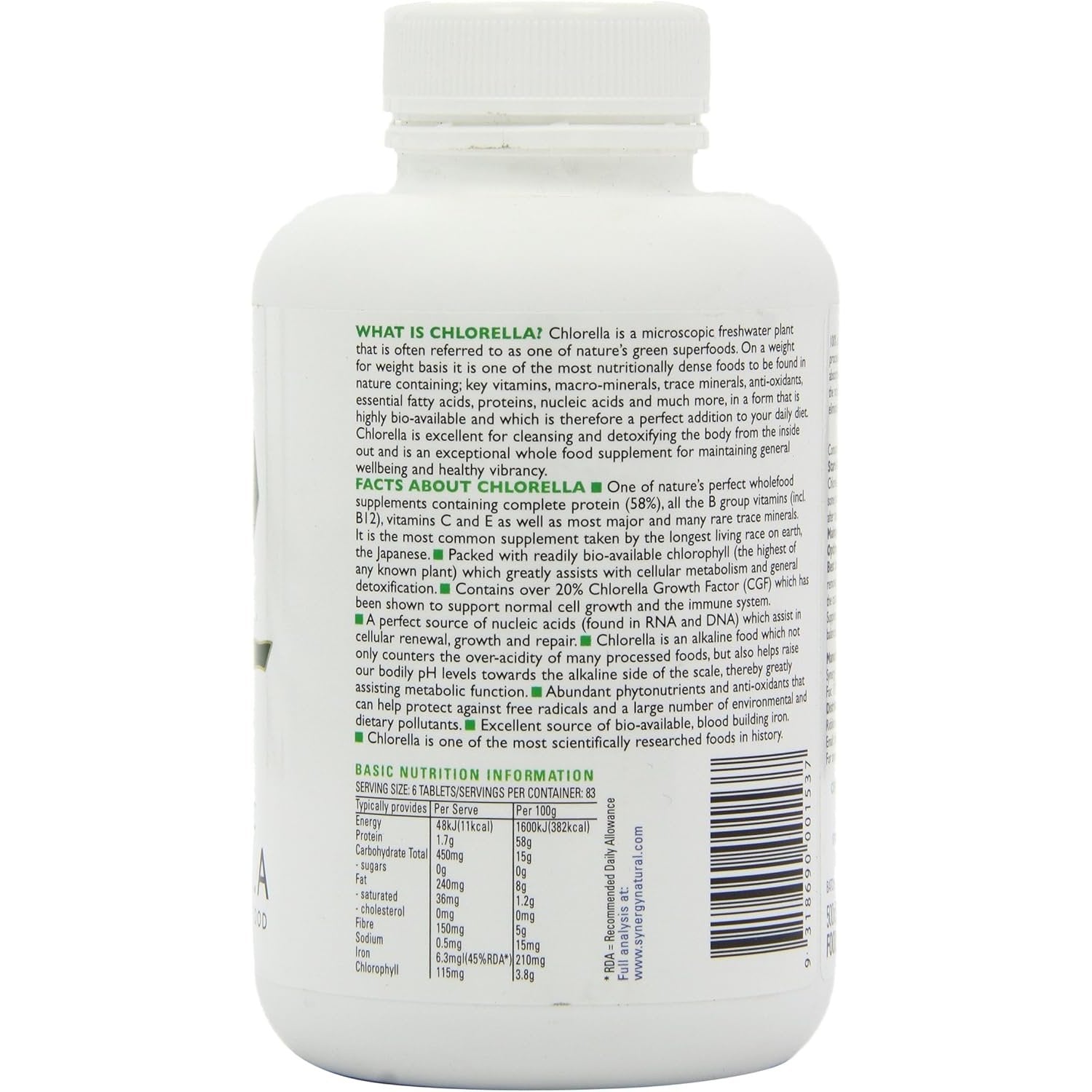 Synergy Natural Organic Chlorella 500mg 500t - Cutprice Online