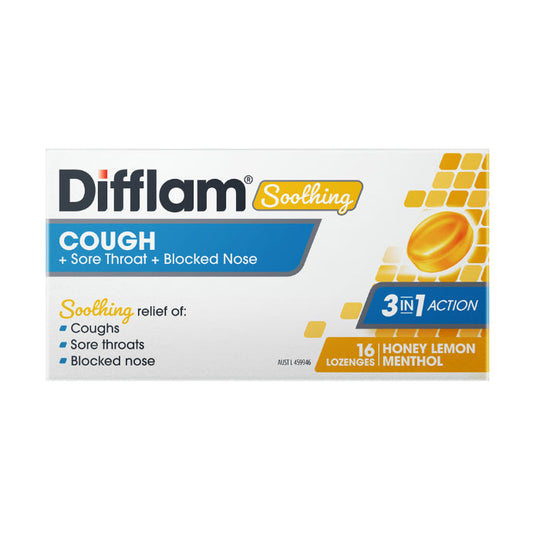 Difflam Soothing Cough + Sore Throat + Blocked Nose Honey Lemon Menthol 16 Lozenges - Cutprice Online