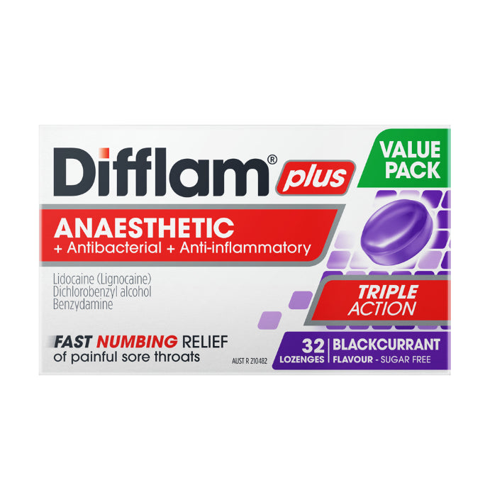 Difflam Plus Anaesthetic + Anti-inflammatory + Antibacterial Blackcurrant Flavour 32 Lozenges - Cutprice Online