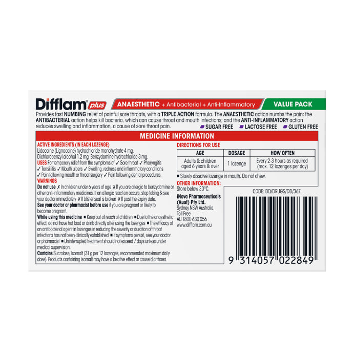 Difflam Plus Anaesthetic + Anti-inflammatory + Antibacterial Blackcurrant Flavour 32 Lozenges - Cutprice Online
