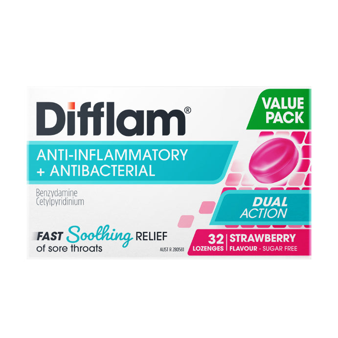 Difflam Anti-inflammatory + Antibacterial Value Pack Strawberry Flavour 32 Lozenges - Cutprice Online
