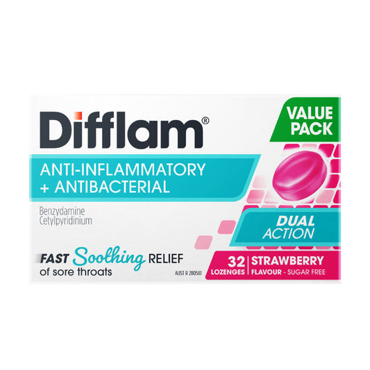 Difflam Anti-inflammatory + Antibacterial Value Pack Strawberry Flavour 32 Lozenges - Cutprice Online