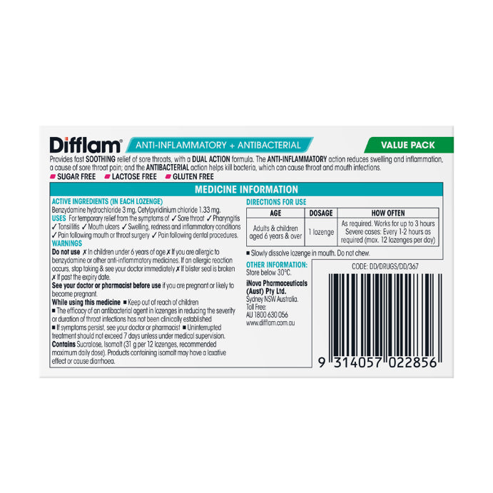 Difflam Anti-inflammatory + Antibacterial Value Pack Strawberry Flavour 32 Lozenges - Cutprice Online