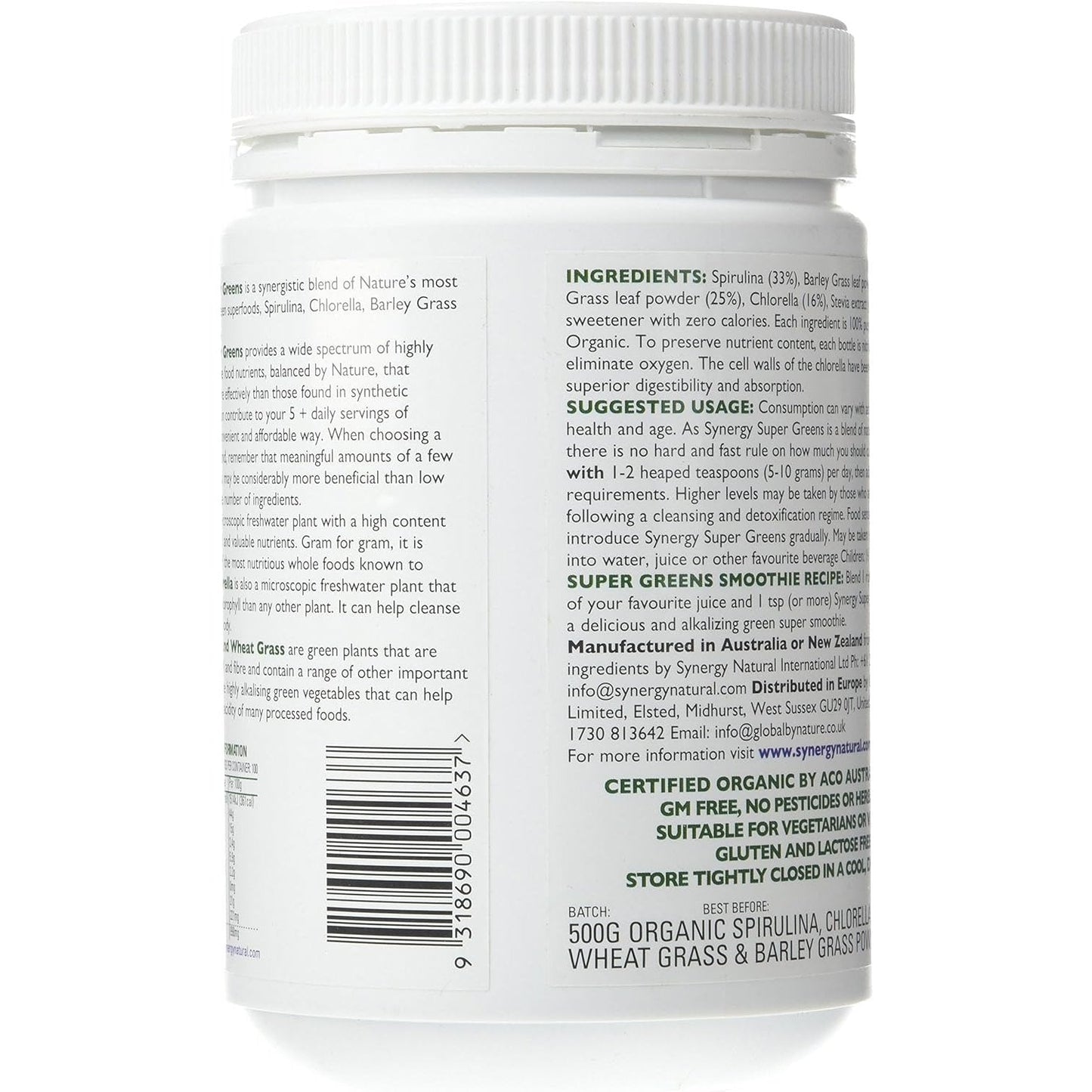 Synergy Natural Organic Super Greens (Spirulina, Chlorella, Barley Grass & Wheat Grass) Powder 500g - Cutprice Online