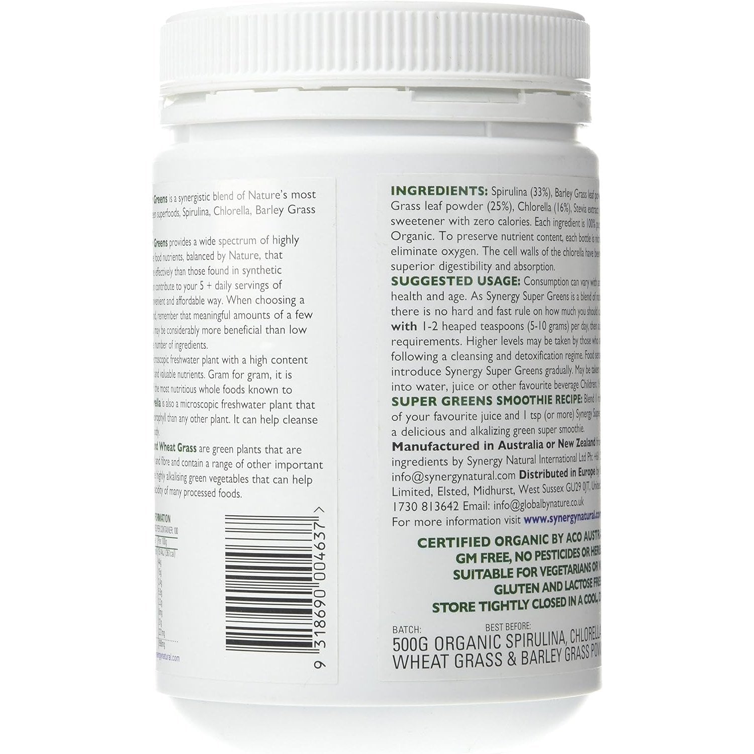 Synergy Natural Organic Super Greens (Spirulina, Chlorella, Barley Grass & Wheat Grass) Powder 500g - Cutprice Online