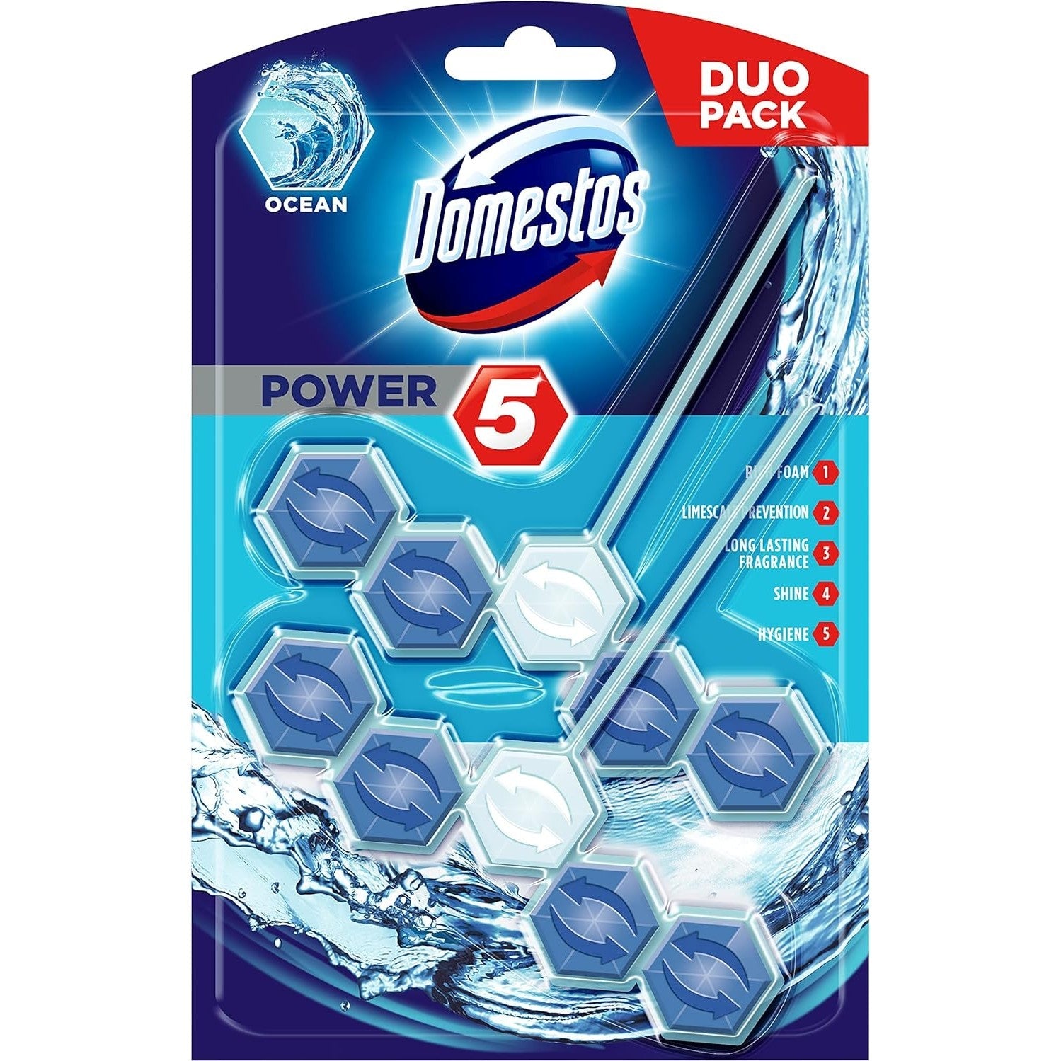 Domestos 3-in-1 Ocean Power-5 Rim Block Toilet Cleaner 55 g Pack of 2