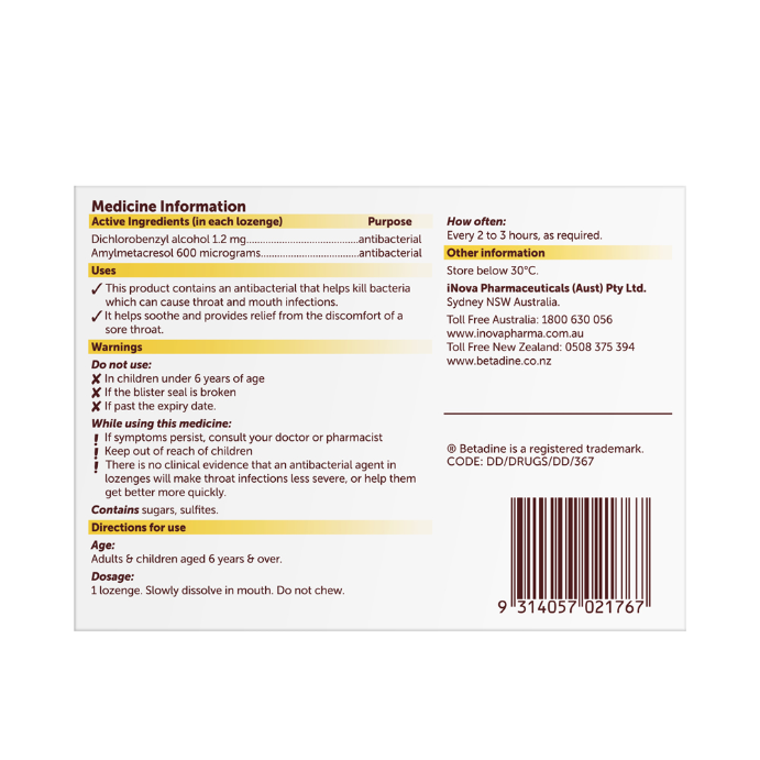 Betadine Sore Throat Lozenges Honey & Lemon 16 Pack