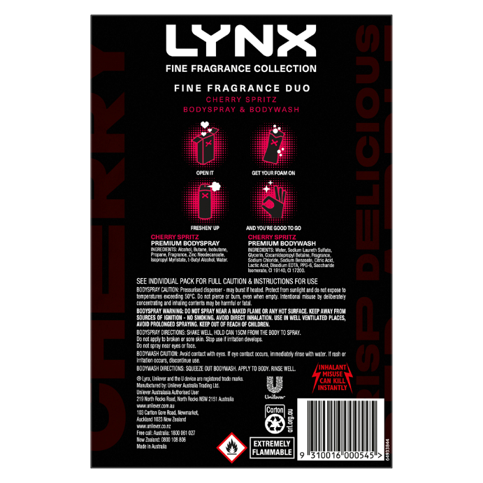 Lynx Fine Fragrance Collection Cherry Spritz Body Spray and Body Wash Duo Set