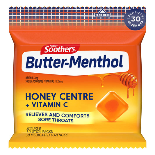 SOOTHERS Butter-Menthol Honey Centre Sore Throat Lozenges 30 Pack - Cutprice Online